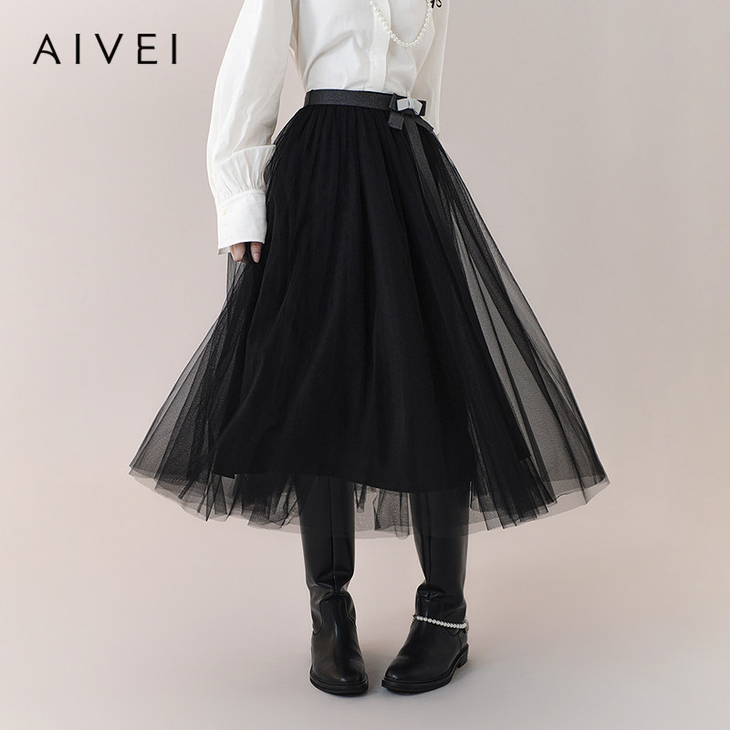 AIVEI欣贺艾薇2026春季氛围感网纱裙显瘦百搭黑色半身裙XSV1Q06S