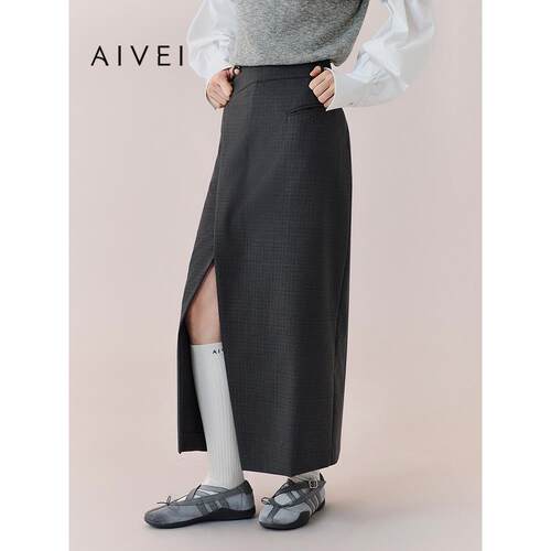 AIVEI欣贺艾薇2026春季新设计感长裙结构斜襟开叉西装裙XSV1Q06B
