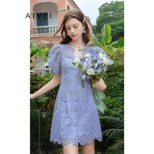 AIVEI欣贺艾薇夏新法式轻熟收腰泡泡袖蕾丝连衣裙Q0360017