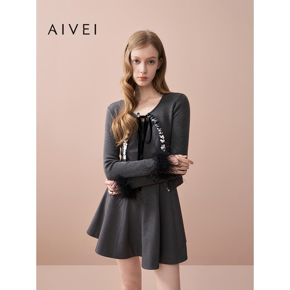 AIVEI欣贺艾薇2025秋季千金淑女针织开衫吊带连衣裙套装XRV5M22A