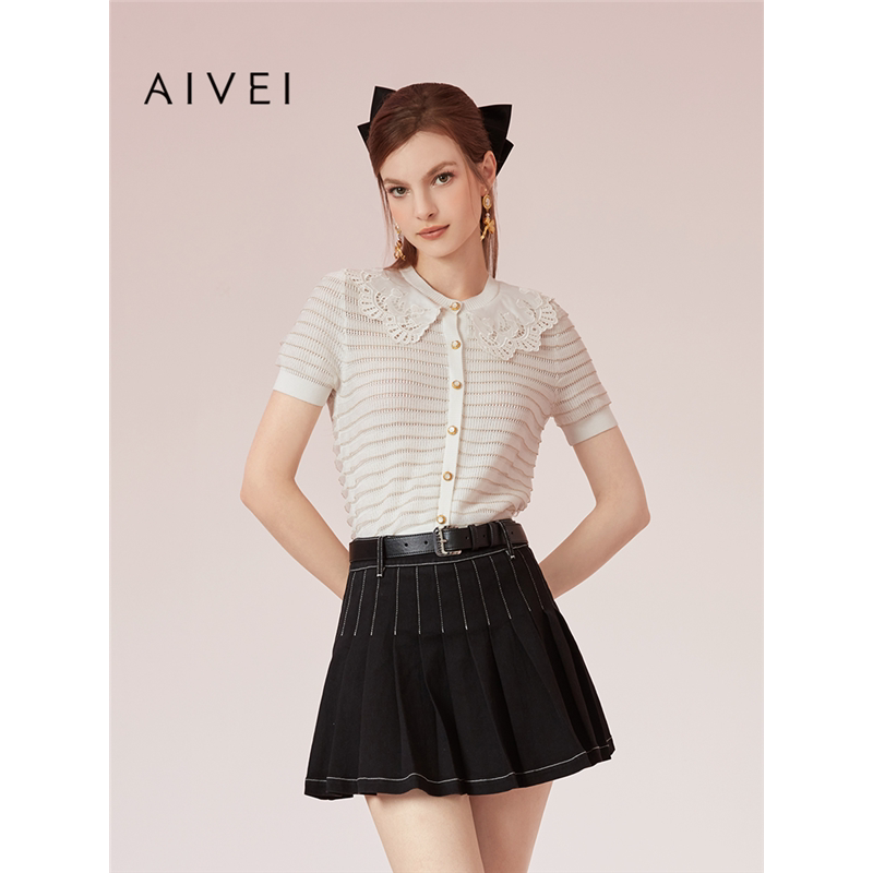 AIVEI欣贺艾薇夏季新甜美减龄小香风荷叶边短袖套头针织R0360015