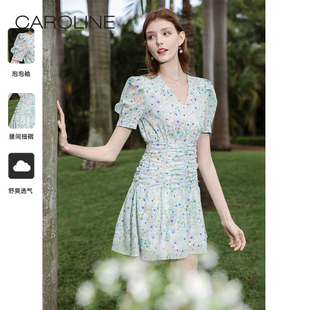 CAROLINE卡洛琳2023夏季新款抽褶收腰泡泡袖碎花短款连衣裙女