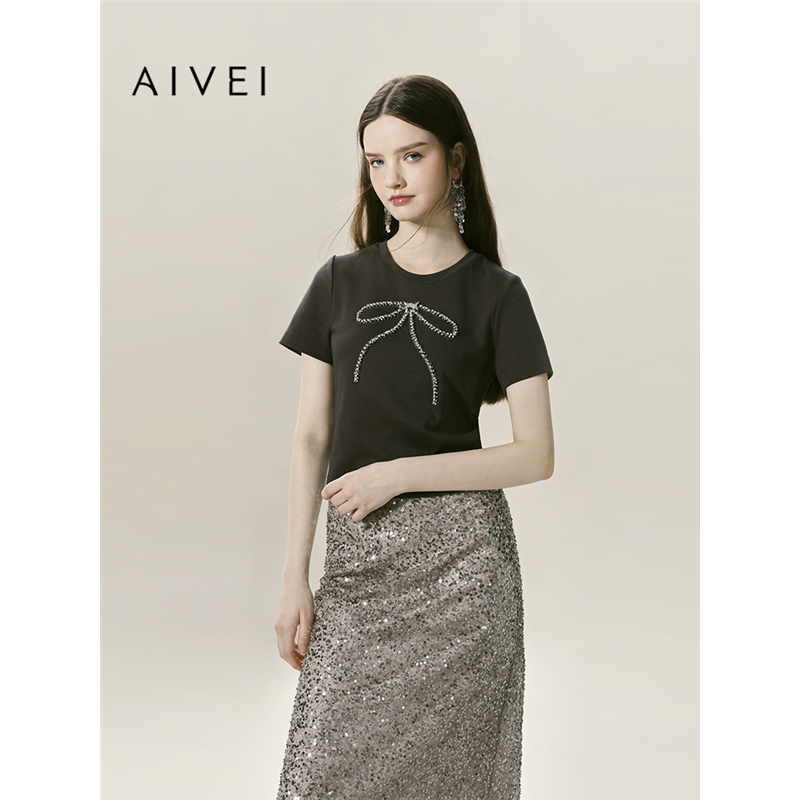AIVEI欣贺艾薇夏季新甜酷百搭水钻蝴蝶结正肩短袖T恤R0360174