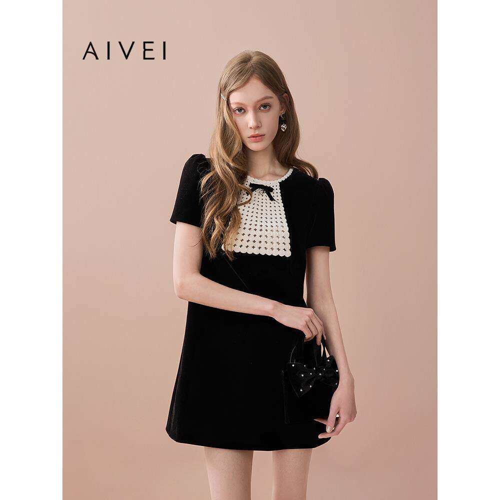 AIVEI欣贺艾薇2025秋季千金淑女重工蕾丝短袖丝绒连衣裙XRV5L09A