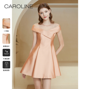 CAROLINE卡洛琳2023夏新款优雅拼接一字肩芭比粉礼服宴会连衣裙
