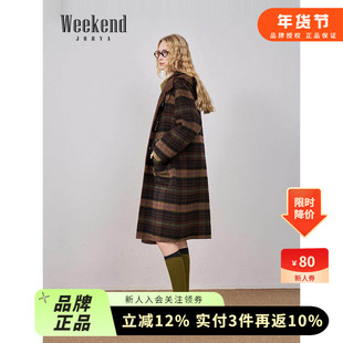 卓雅周末25冬新都市游牧英伦格纹连帽长款毛呢外套