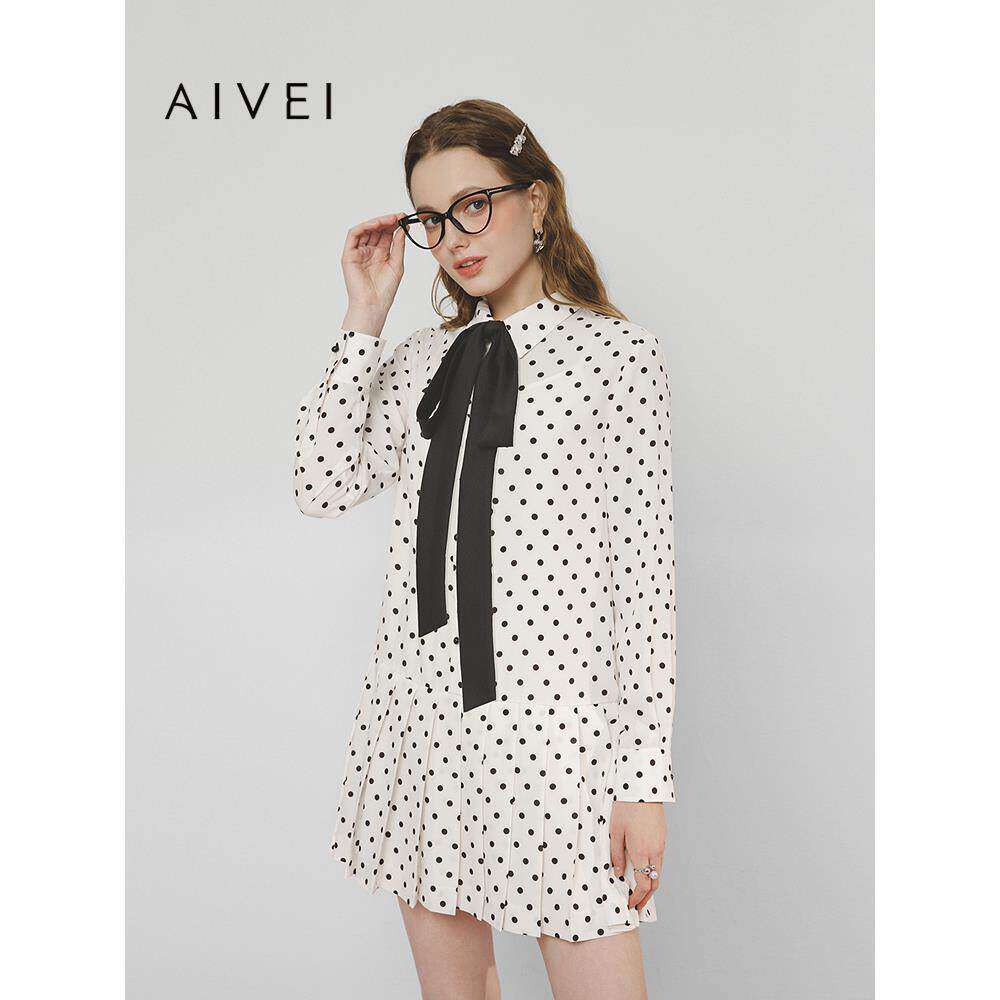 AIVEI欣贺艾薇2025春季少女学院波点衬衫长袖百褶连衣裙S711001A
