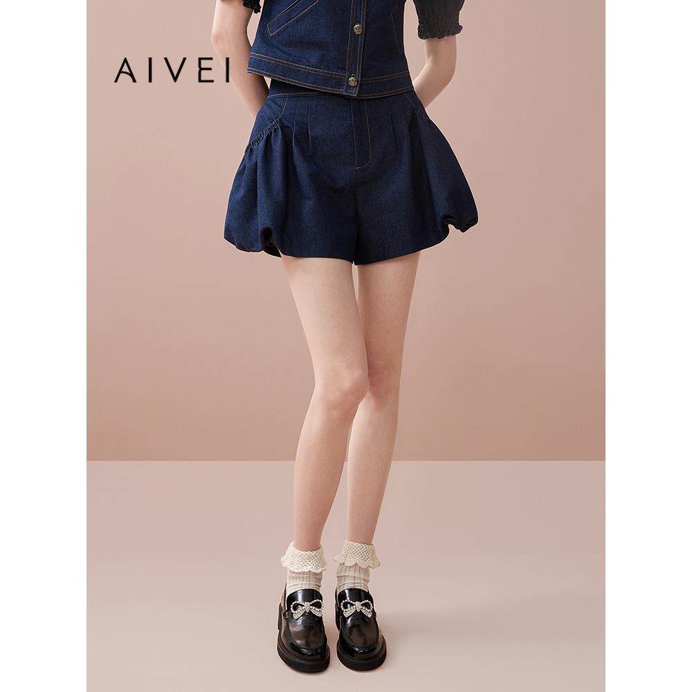 AIVEI欣贺艾薇2025早秋新小个子学院甜妹风花苞牛仔短裤XRV4Y02B