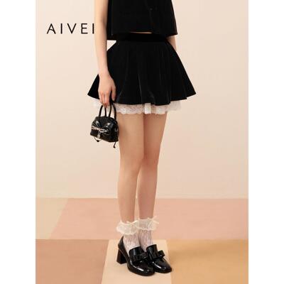 AIVEI欣贺艾薇2026秋季新浪漫甜美蕾丝拼接蓬蓬丝绒短裙XSV5Q09B