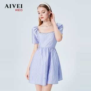 AIVEI欣贺艾薇夏季新方领泡泡袖气质压纹花朵连衣裙P0360039