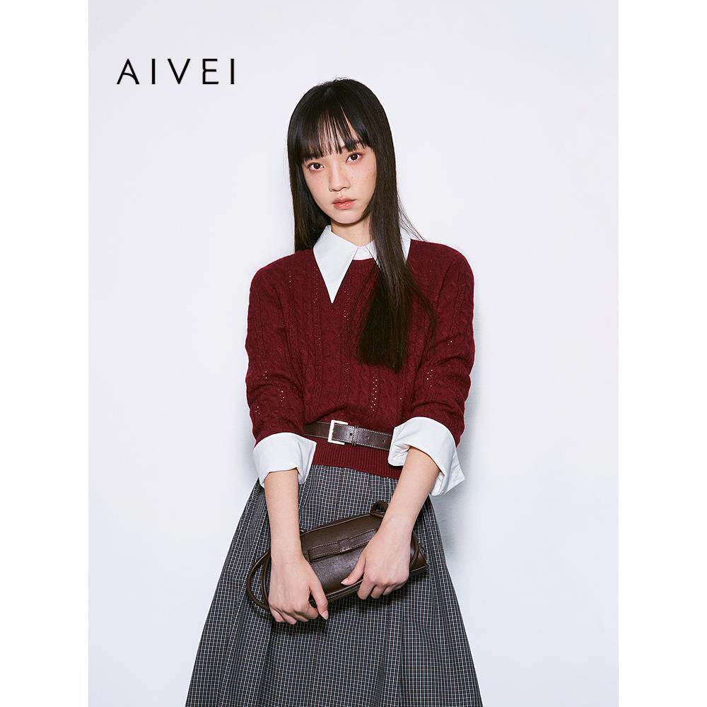 AIVEI欣贺艾薇2025冬季新智性通勤绞花肌理毛衣针织衫XRV7M26A