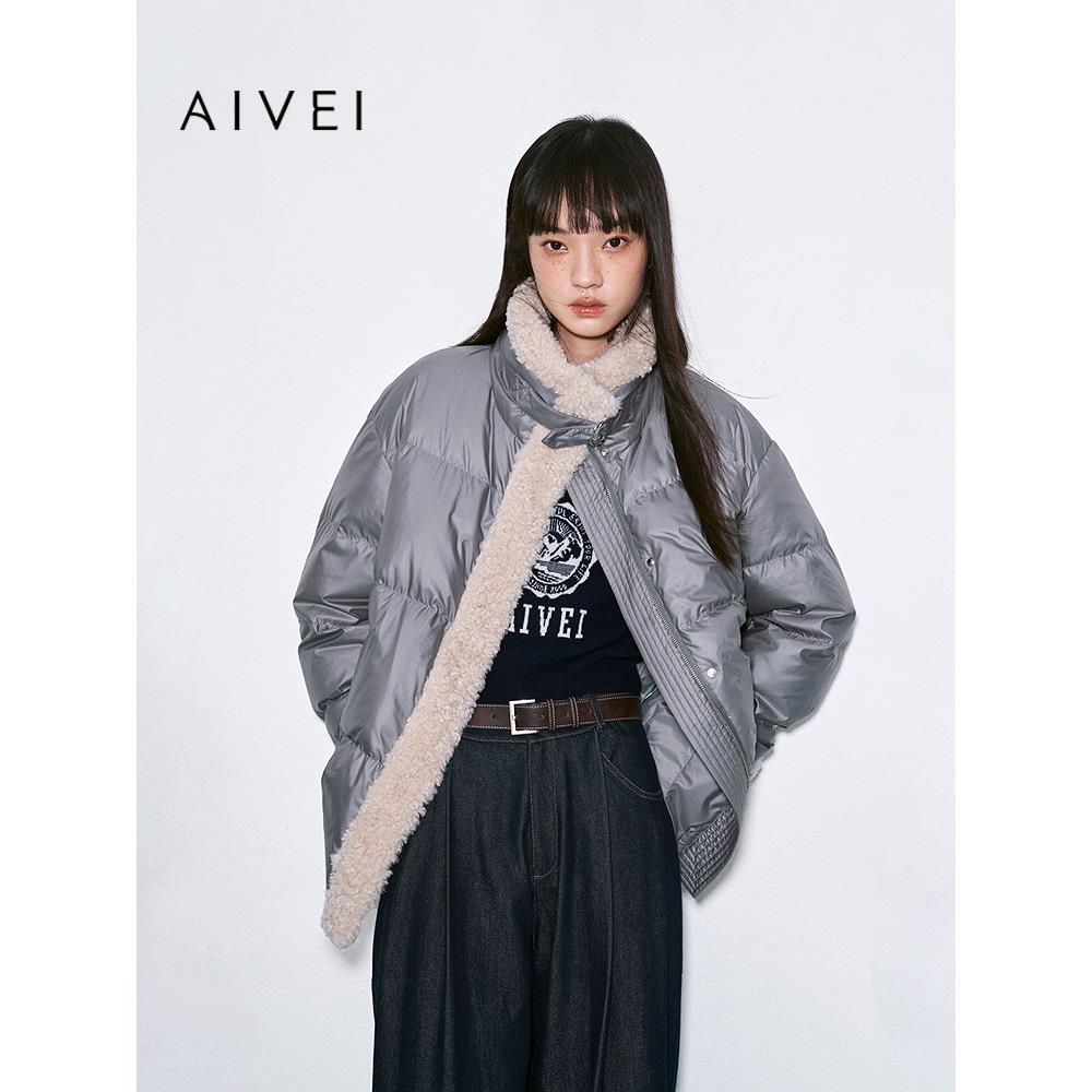 AIVEI欣贺艾薇2025冬季新文艺复古机车风立领面包羽绒服XRV7G31B