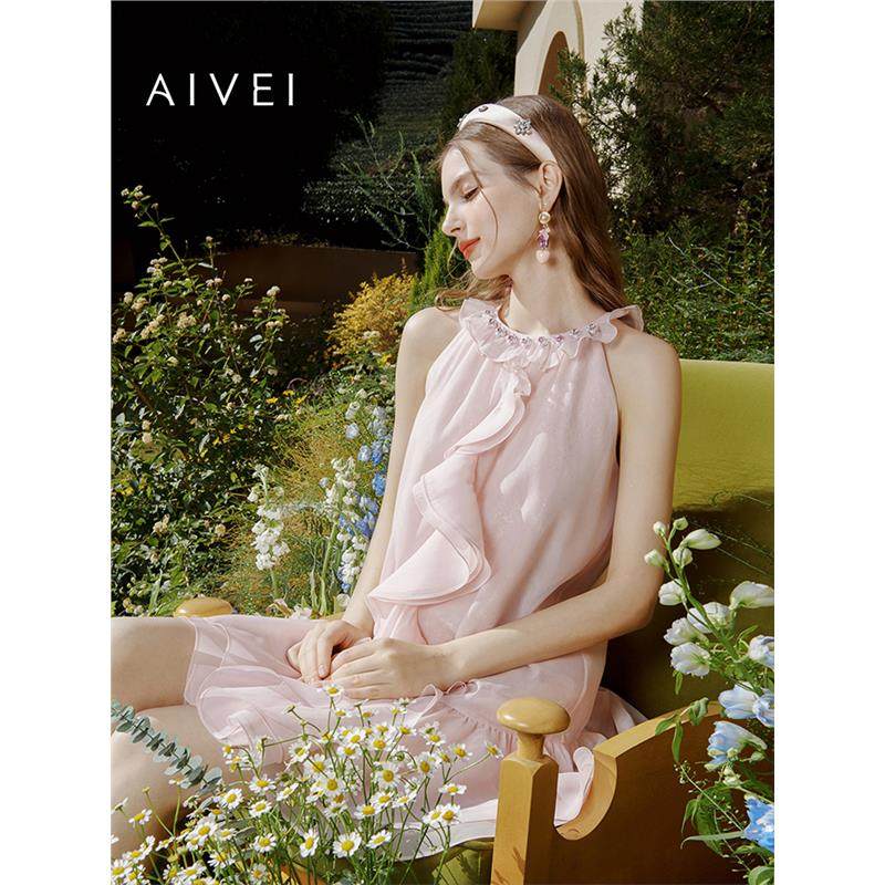 AIVEI欣贺艾薇 微醺裸桃 夏季新名媛公主雪纺挂脖连衣裙R0360147