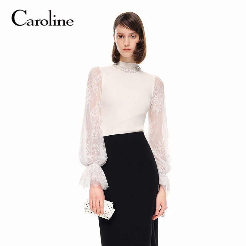 Caroline/卡洛琳2026秋季新款蕾丝网纱灯笼袖修身针织衫ESC4M12C