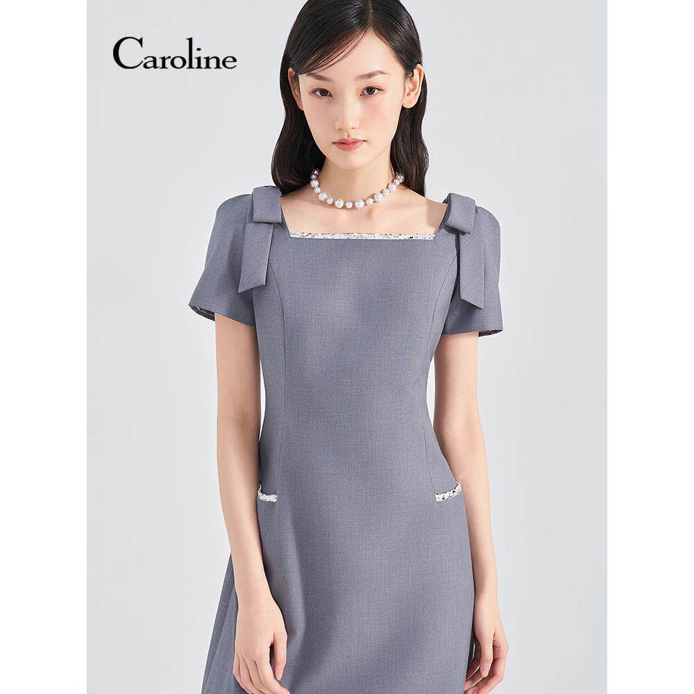 Caroline卡洛琳2026夏季新款蝴蝶结亮片饰边收腰连衣裙ESC3L01S - 实物图