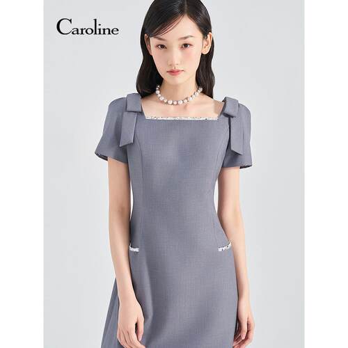 Caroline卡洛琳2026夏季新款蝴蝶结亮片饰边收腰连衣裙ESC3L01S