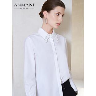 ANNMEL恩曼琳25秋季新款通勤简约百搭蕾丝领饰纯白衬衫ERA4C01B