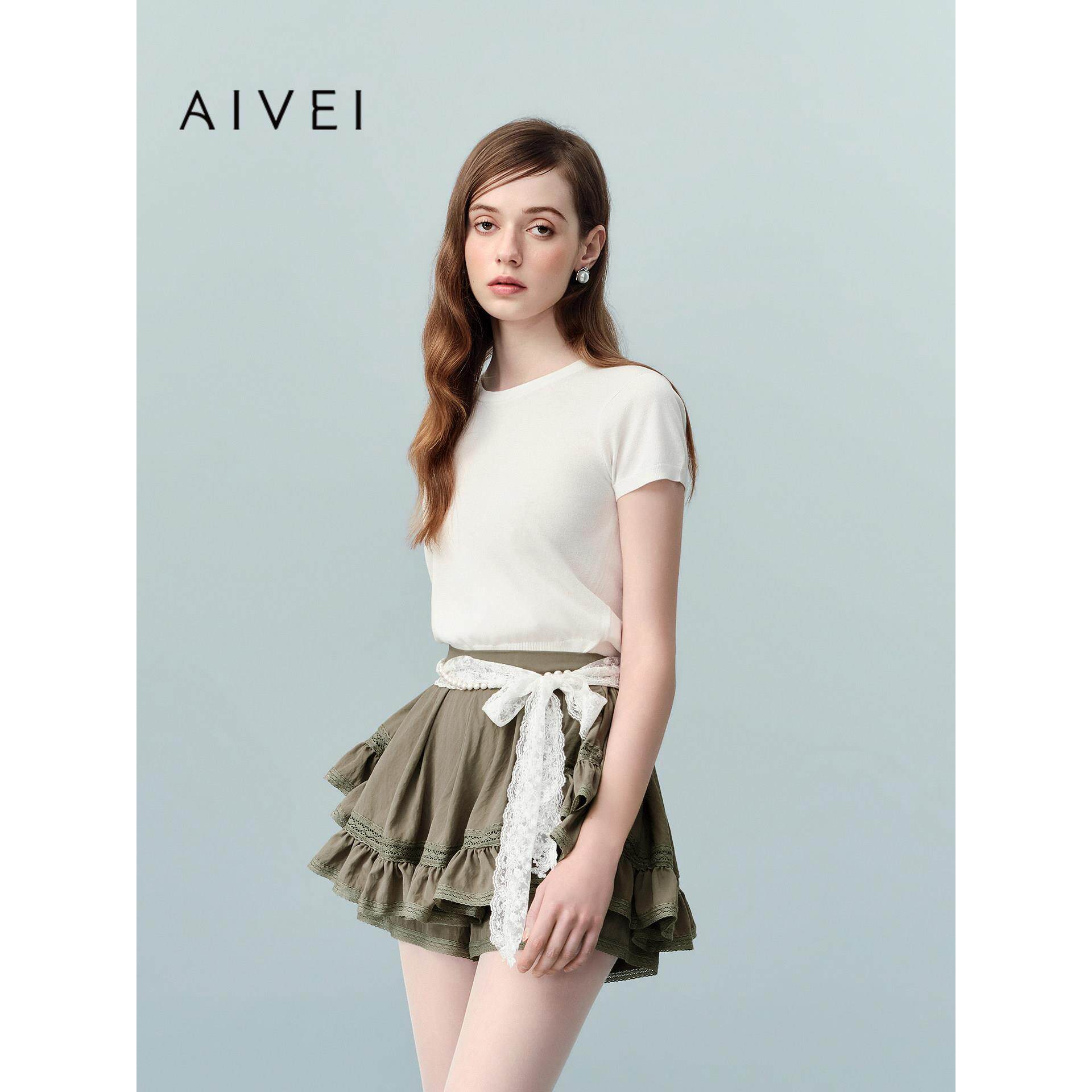 AIVEI欣贺艾薇2026夏季新甜美蝴蝶结露背短袖套头针织衫XSV3M15B
