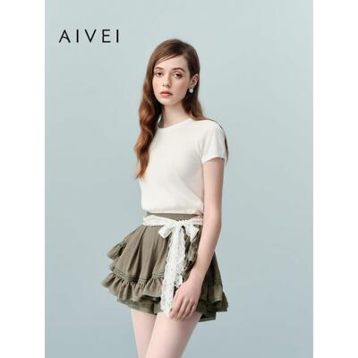AIVEI欣贺艾薇2026夏季新甜美蝴蝶结露背短袖套头针织衫XSV3M15B