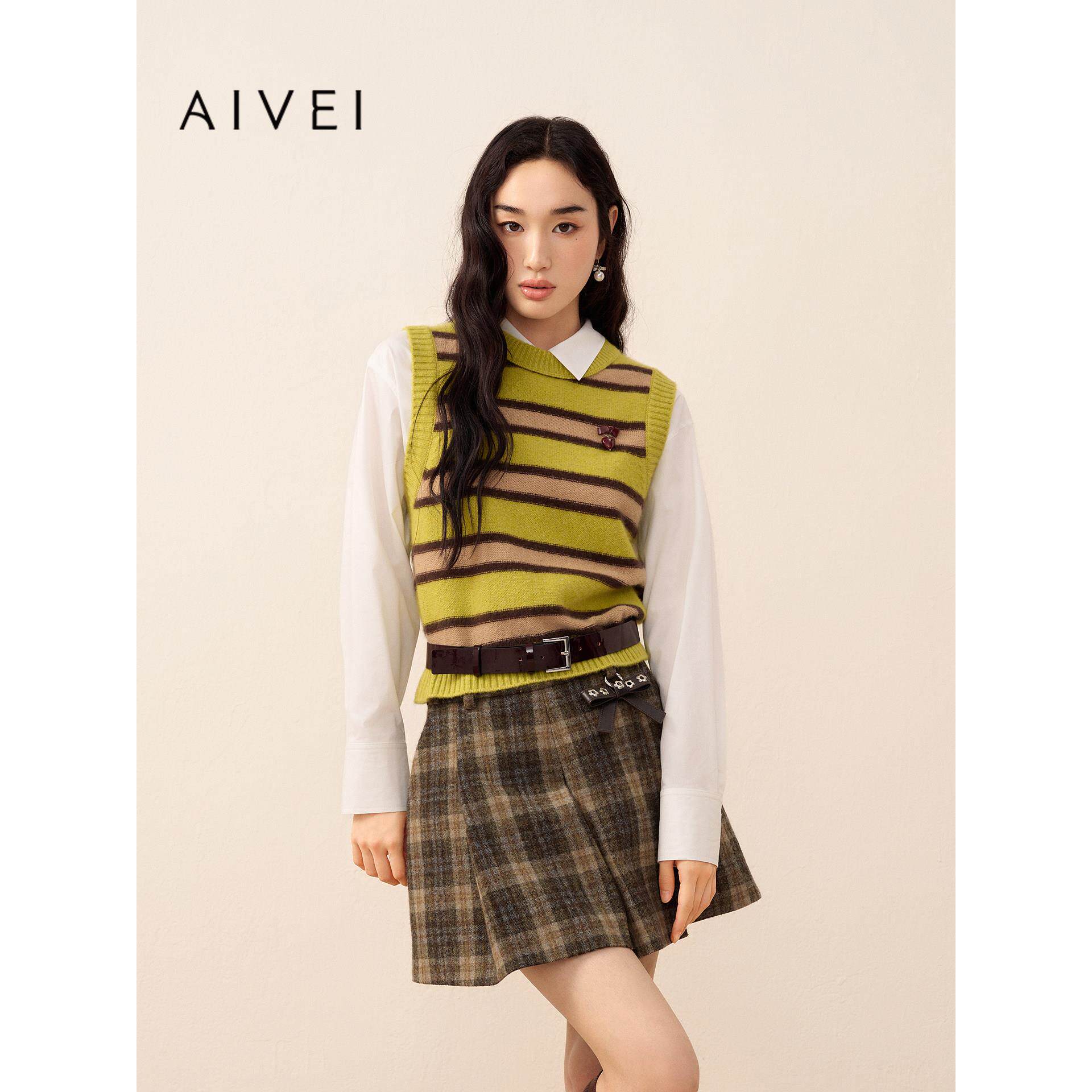 AIVEI欣贺艾薇2026秋季新学院松弛感多巴胺条纹针织背心XSV5M13C