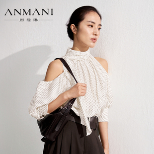 ANNMEL恩曼琳26春新款复古波点立领飘带泡泡袖莱赛尔衬衫露肩上衣
