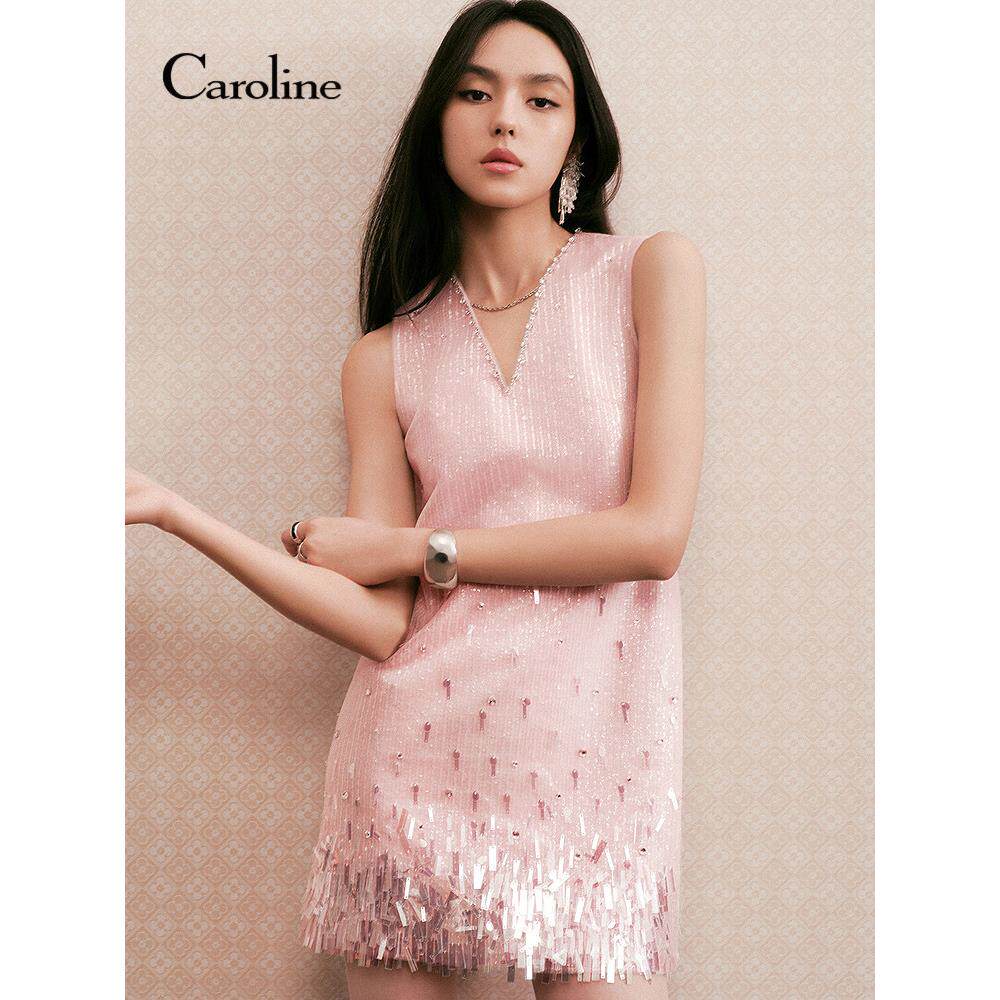 Caroline 商场同款 2025春季新款时髦翻糖粉无袖亮片裙R602701S