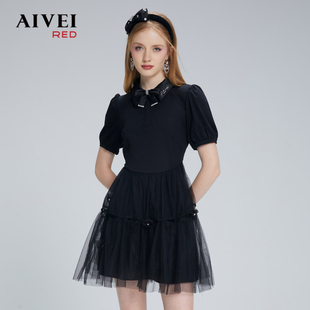 AIVEI欣贺艾薇夏季新烫钻衬衫领显瘦网纱拼接连衣裙P0360101