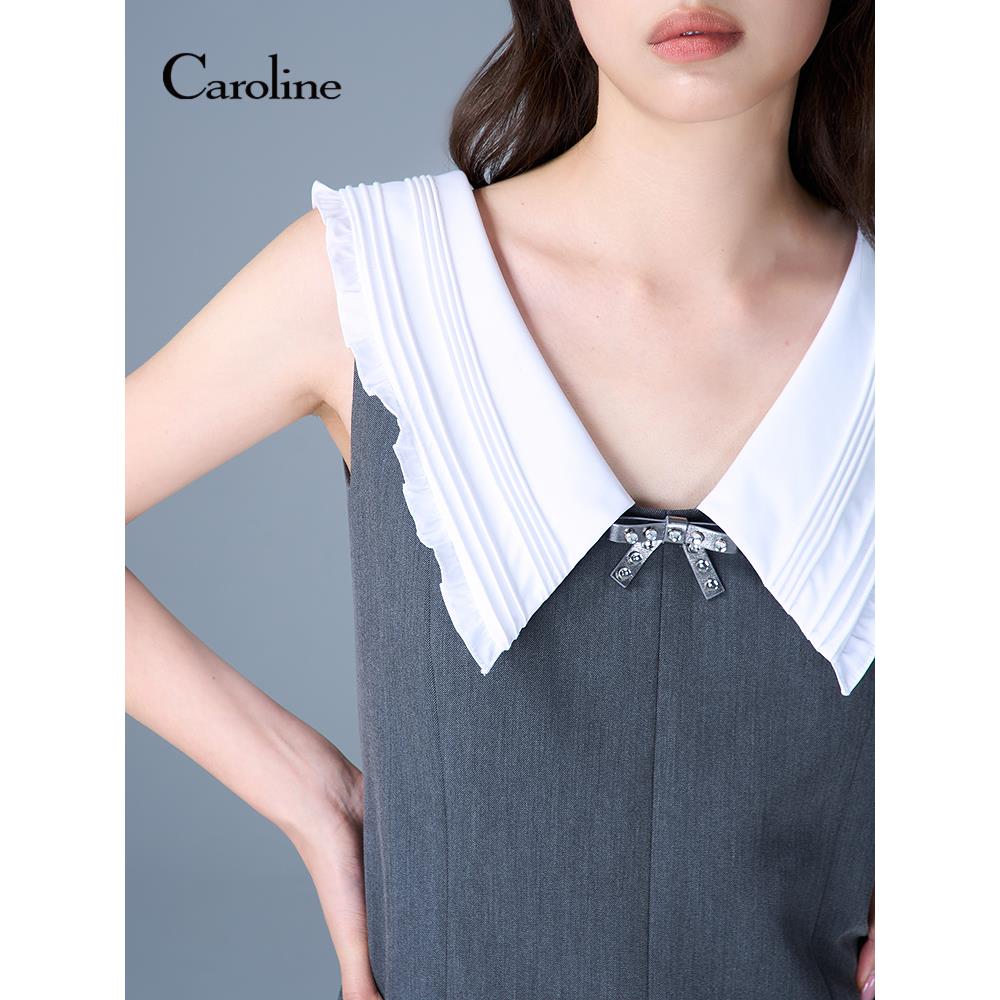 Caroline卡洛琳2025秋季新款甜美塔克翻领腰带连衣裙ERC4L14C