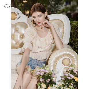 CAROLINE卡洛琳2023夏季新款甜美荷叶边U字领醋酸雪纺衫上衣女