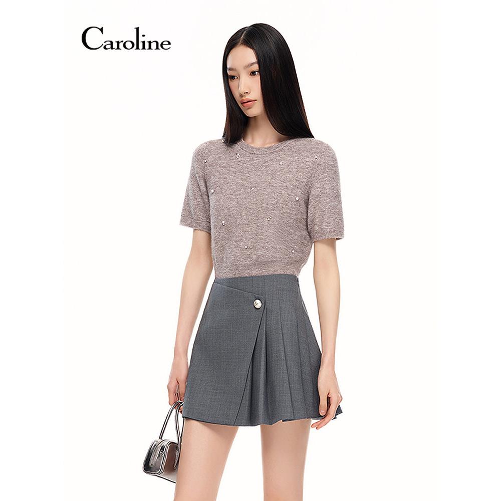 Caroline卡洛琳2026秋季新款珍珠点缀混色短袖针织衫ESC4M24C