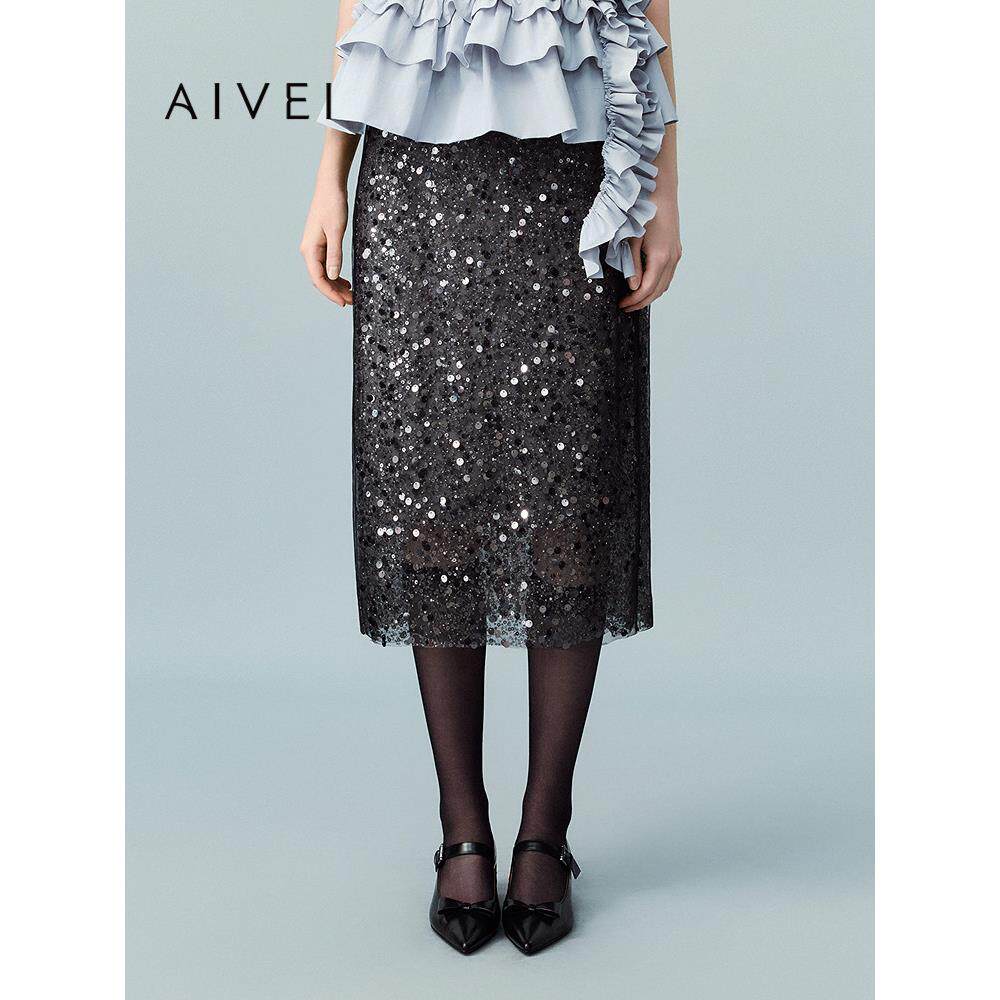 AIVEI欣贺艾薇2026夏季亮片直筒裙静奢风网纱包臀半身裙XSV3Q21B