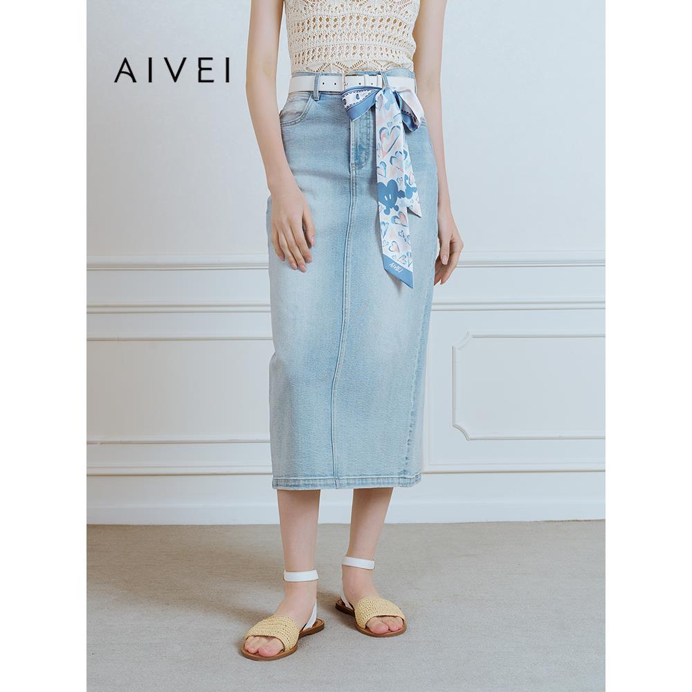 AIVEI欣贺艾薇2025夏季新高腰浅色磨毛包臀直筒牛仔长裙S722802A