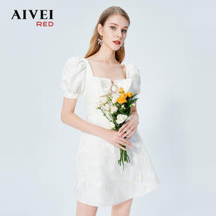 AIVEI欣贺艾薇2022夏新法式蝴蝶结方领泡泡袖高腰连衣裙P03W0011