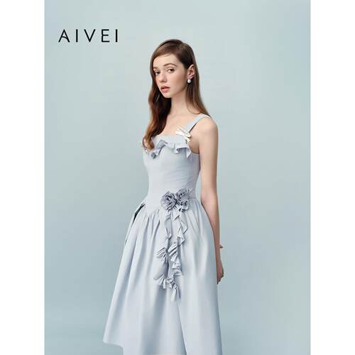 AIVEI欣贺艾薇2026夏季千金茶歇花朵A字吊带连衣裙礼服XSV3L09S