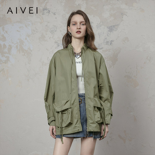AIVEI欣贺艾薇 明星同款 秋季休闲复古工装军绿色薄风衣Q713402A
