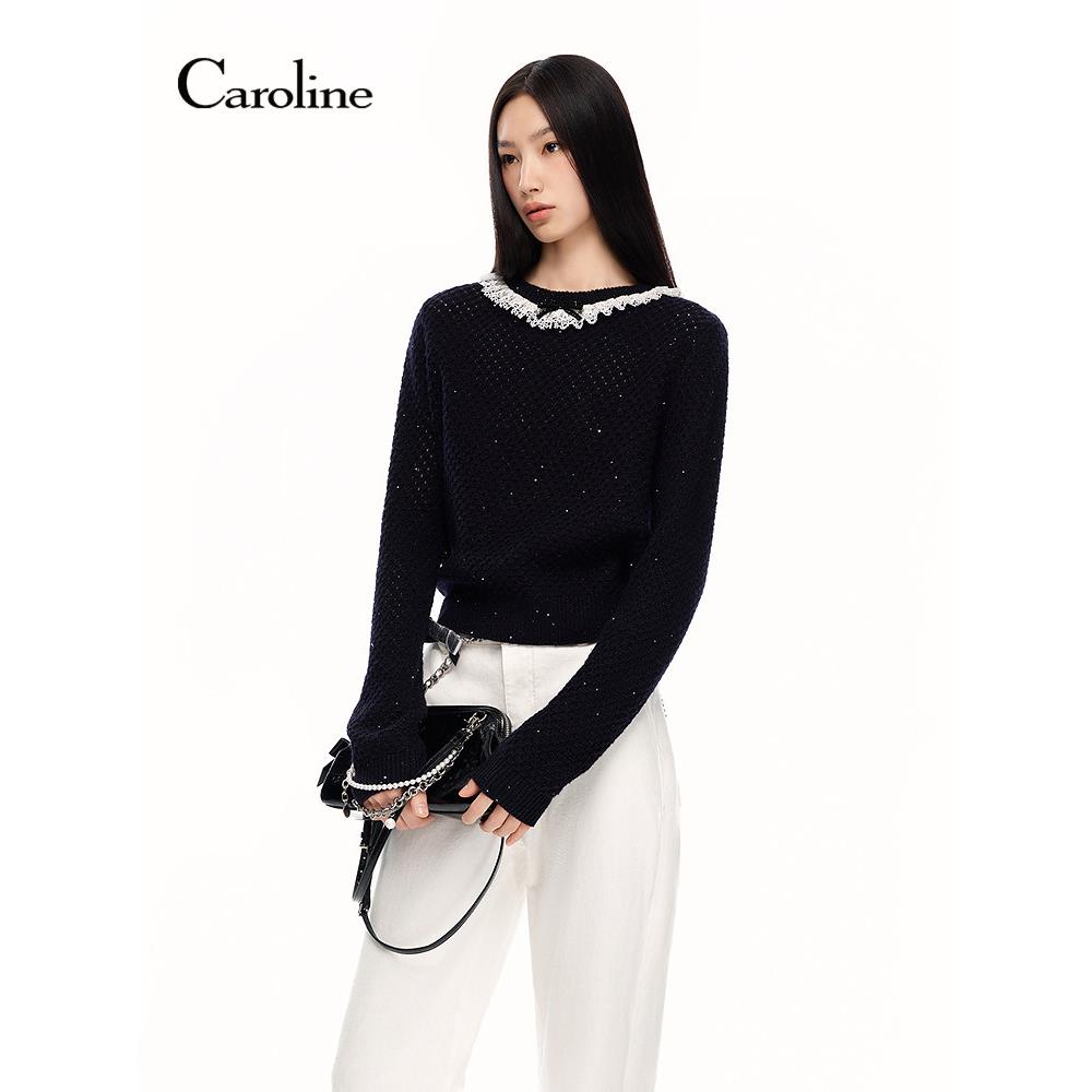 Caroline卡洛琳2026秋季新款蕾丝花边圆领亮片针织衫ESC4M33C