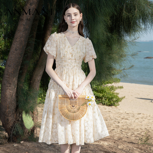 ANMANI恩曼琳2023夏季短袖气质茶歇裙海边度假风裙子法式连衣裙女