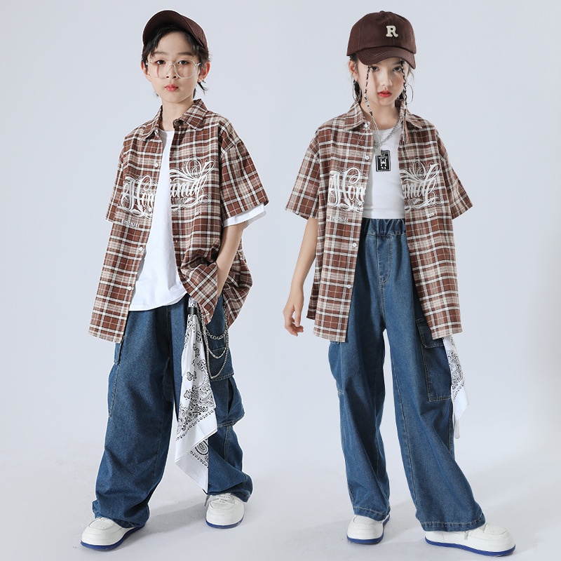 儿童街舞潮服夏季男女童嘻哈帅气衬衫套装走秀服装女孩爵士