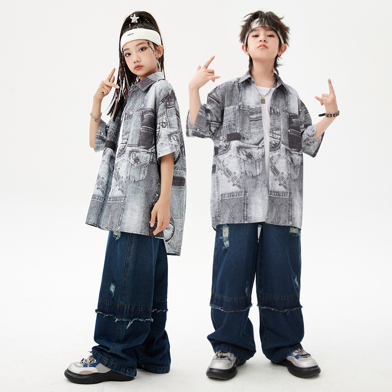 儿童街舞潮服男女童酷帅衬衫牛仔裤套装hiphop嘻哈舞蹈比赛