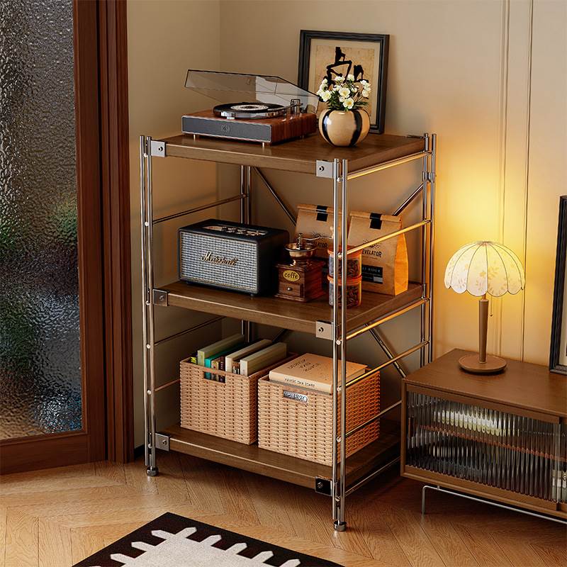 实木置物架落地中古风展示架客厅2025新款松木书架一体靠墙防锈钢