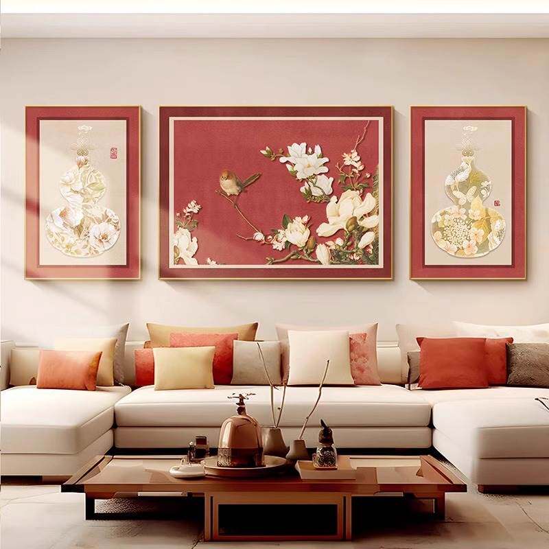 字画茶室挂画喜上枝头客厅装饰画新中式高级感沙发背景墙横幅喜庆