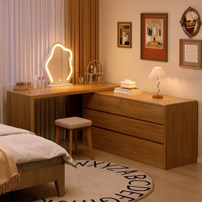 梳妆台卧室现代简约2024新款中式实木色转角斗柜妆台一体床尾收纳