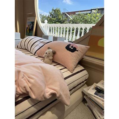 ins保暖双面牛奶绒毛巾绣小煤球粉嫩四件套1.5m1.8加厚法兰绒秋冬