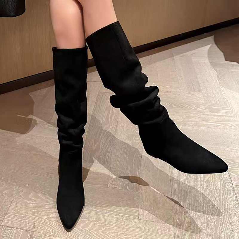 采采乐希平底内增高褶皱堆堆靴女