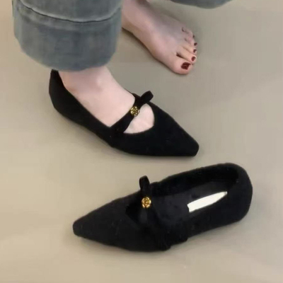 采采乐希平底内增高加绒毛毛单鞋