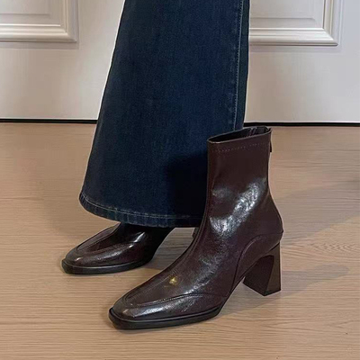 采采乐希粗跟方头后拉链短靴女