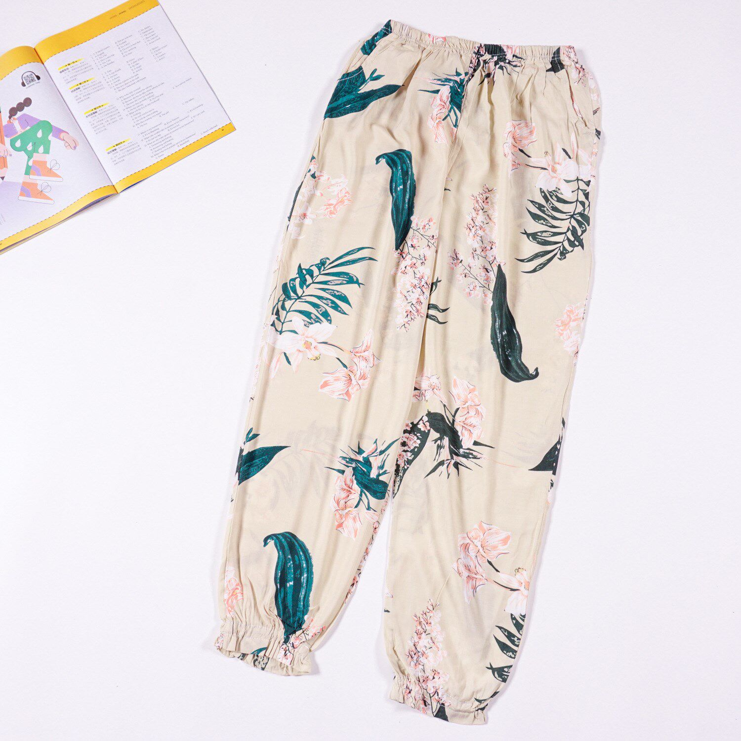 女士绵绸睡裤女夏季插袋薄款收口裤女式人造棉居家裤防蚊裤大花