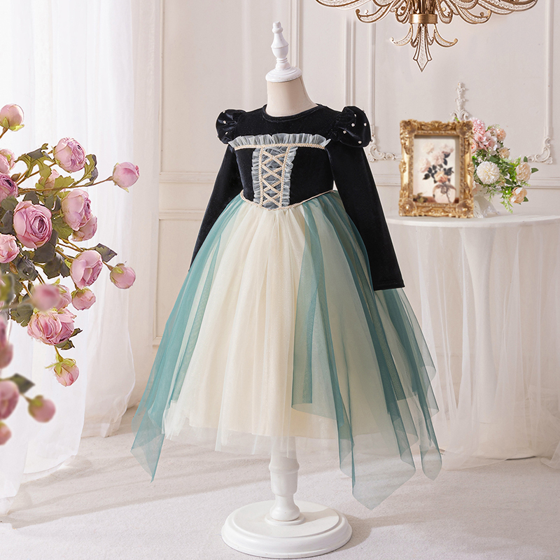 女童长袖丝绒连衣裙艾莎安娜公主