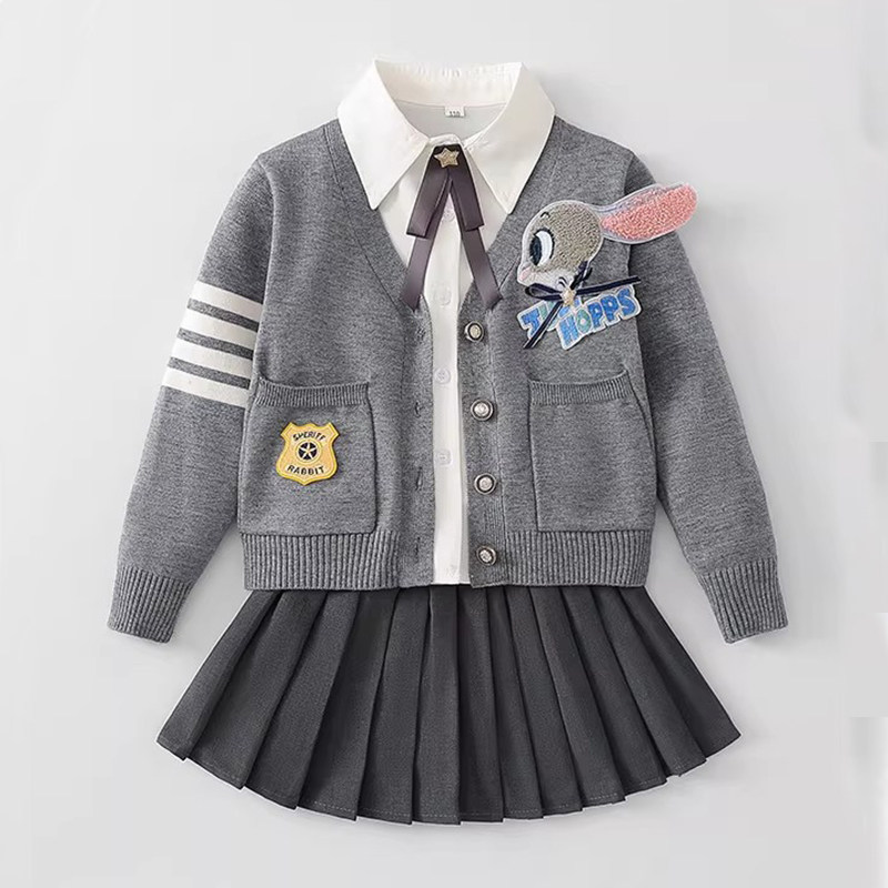 儿童套装春季JK学院风女童毛衣短裙三件套兔子警官动物城时尚女孩