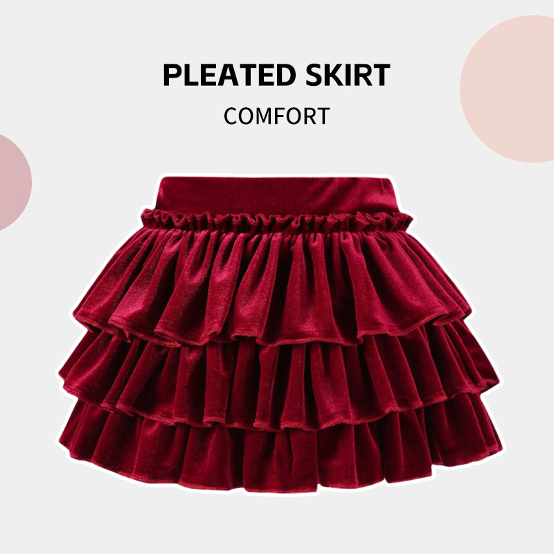 儿童蓬蓬蛋糕裙圣诞女童丝绒百褶裙裤秋冬新款红色新年半身裙女孩